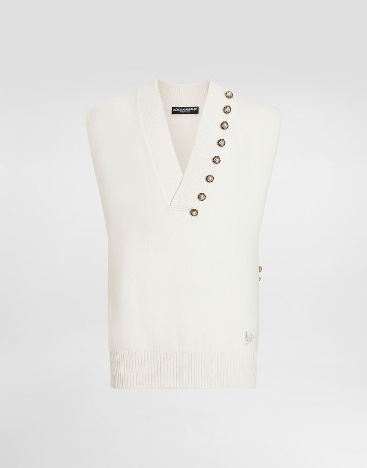 Dolce & Gabbana Chaleco de lana con cuello de pico, botones joya y DG bordado Blanco GXT29ZJCVWR