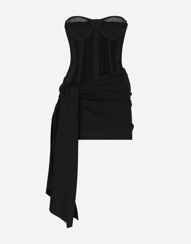 Short Milano rib jersey dress with corset detailing in Black for