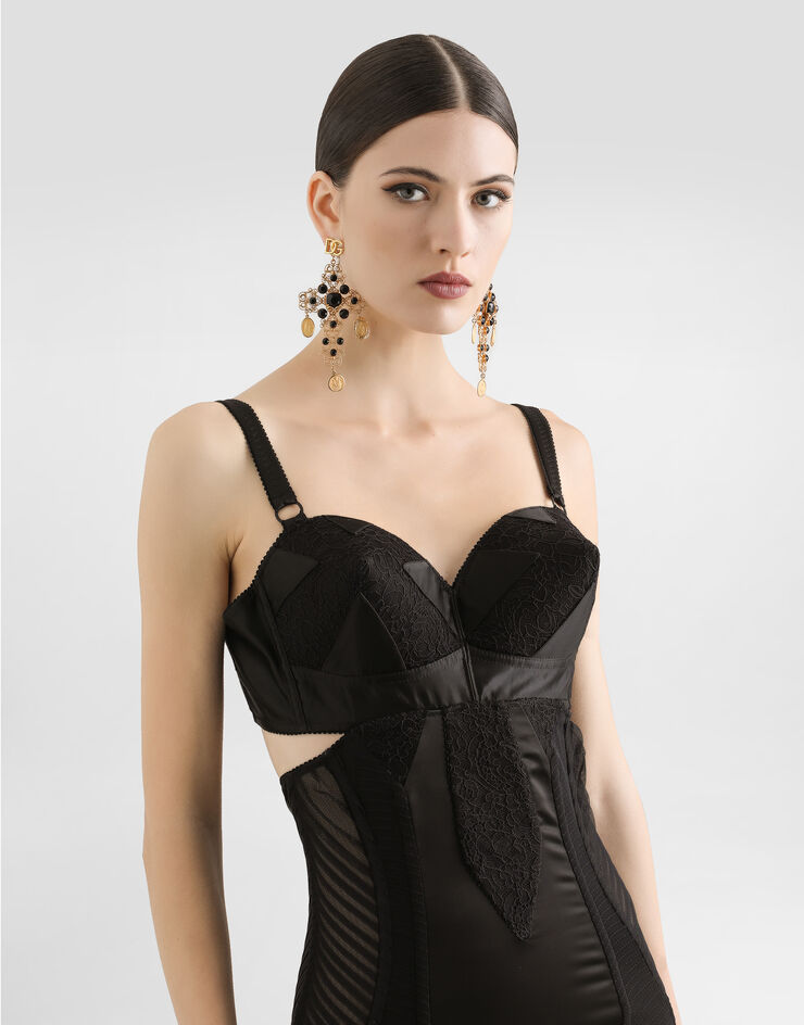 Dolce & Gabbana Vestido longuette de raso y encaje con detalles bustier Negro F6TTWTGDC4X