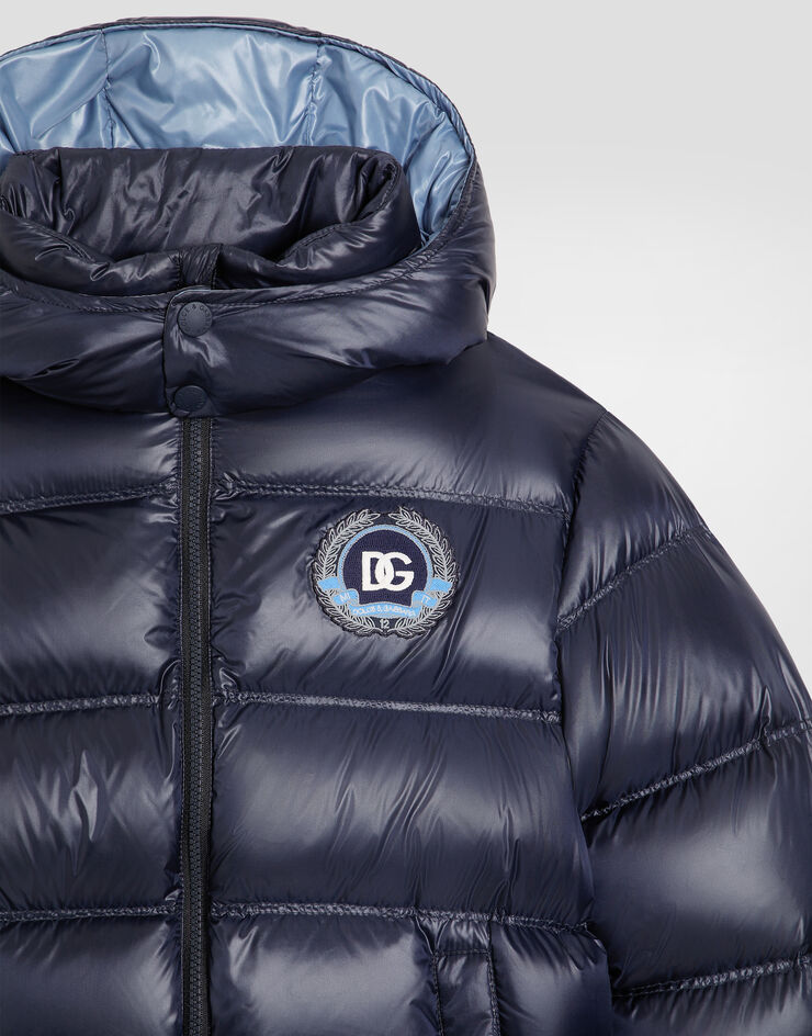 Dolce & Gabbana Long down jacket with detachable hood in shiny nylon Blue L4JB6FFUS3Y