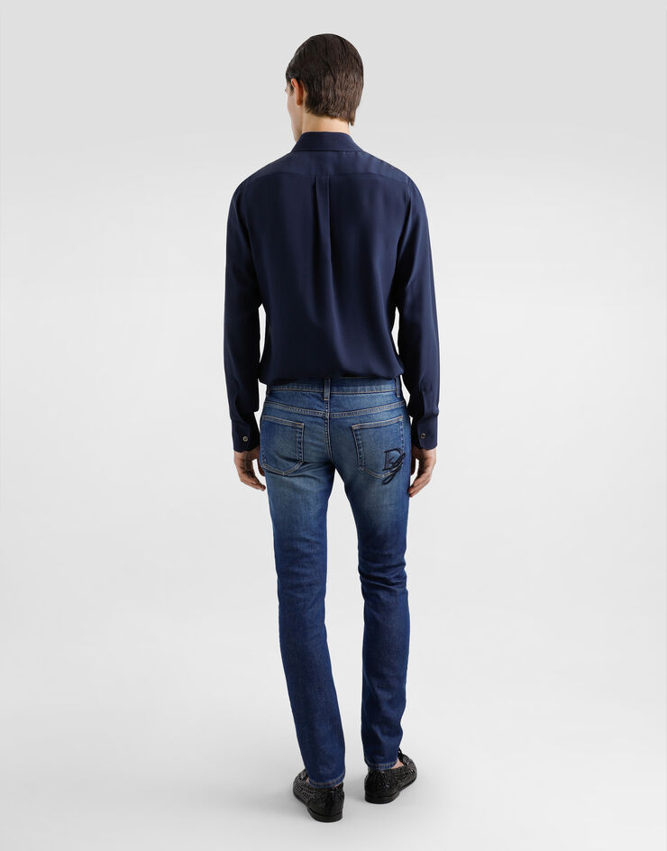 Dolce & Gabbana Silk shirt with logo embroidery Blue G5MO1ZFU1UQ