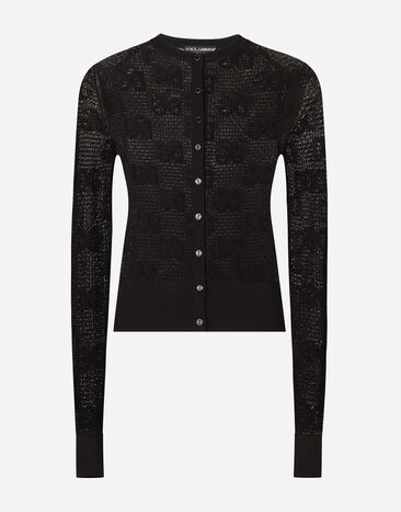 Dolce & Gabbana Cardigan im Ajourmuster mit DG-Logo Schwarz FXD65TJAIEK