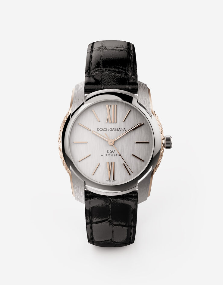 Dolce & Gabbana ساعة DG7 من الفولاذ بزخرفة جانبية محفورة من الذهب فضي/أسود WWEE1MWWS10