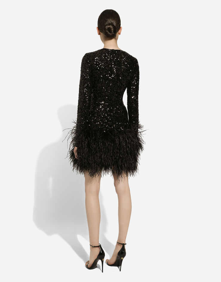 Dolce & Gabbana Kurzes Paillettenkleid mit Federbesatz Schwarz F6DKSTFLUBX