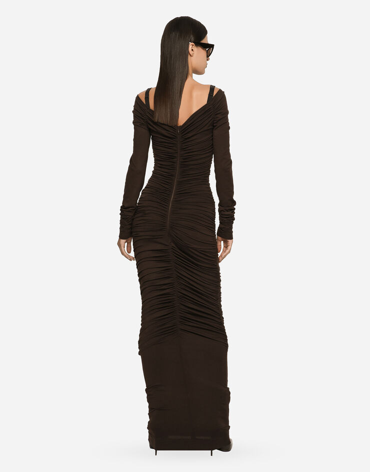 Dolce&Gabbana V-neck calf-length dress in wool jersey Brown F6COMTFUGRH