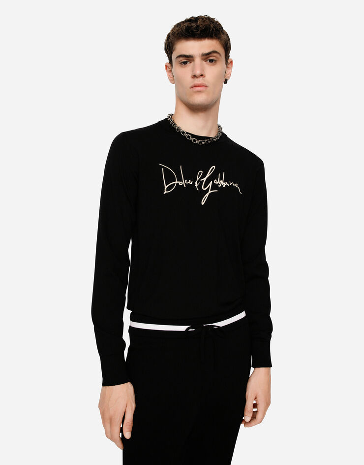 Dolce & Gabbana Wool round-neck sweater with Dolce&Gabbana embroidery Black GX526ZJBVF8