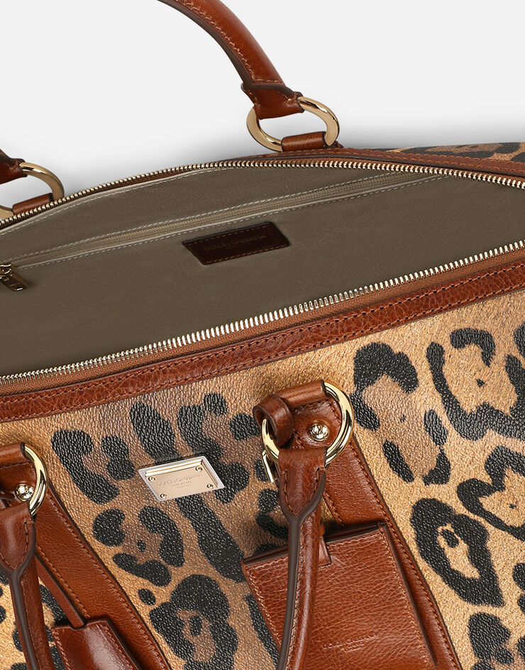 Dolce & Gabbana Small travel bag in leopard-print Crespo with branded plate Multicolor BB2207AW384