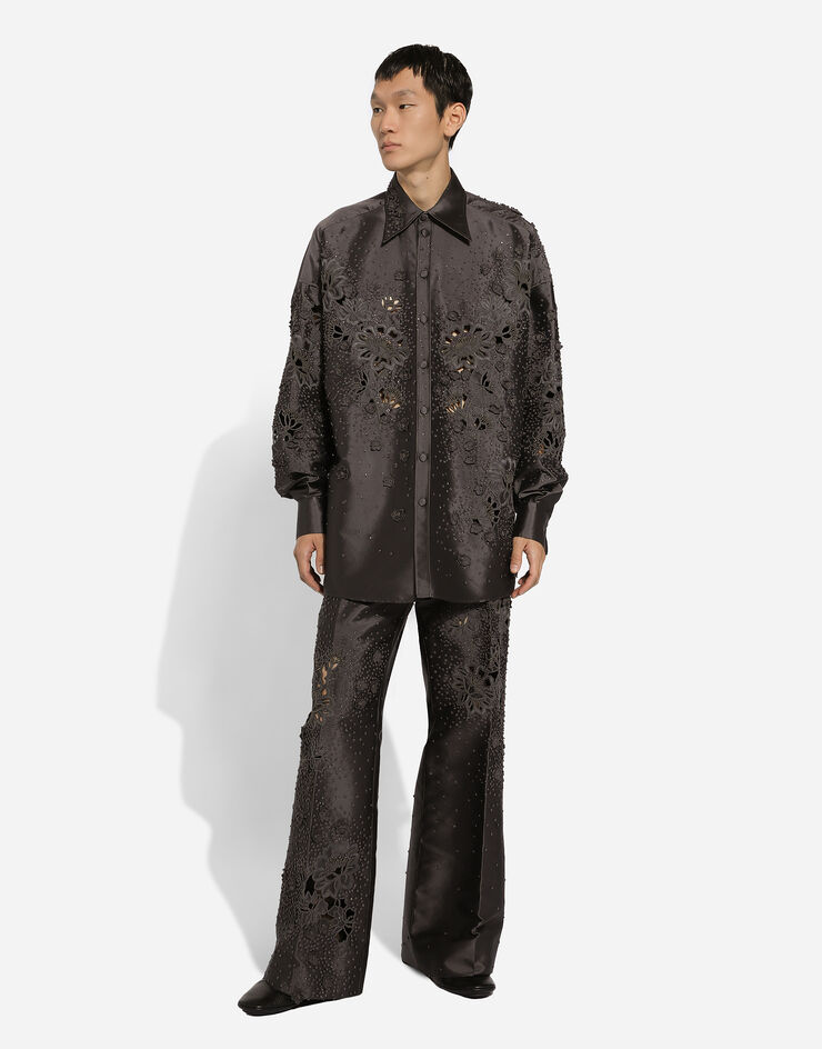 Dolce & Gabbana Camisa en mikado de seda con bordado Multicolor G5JF6ZGH638