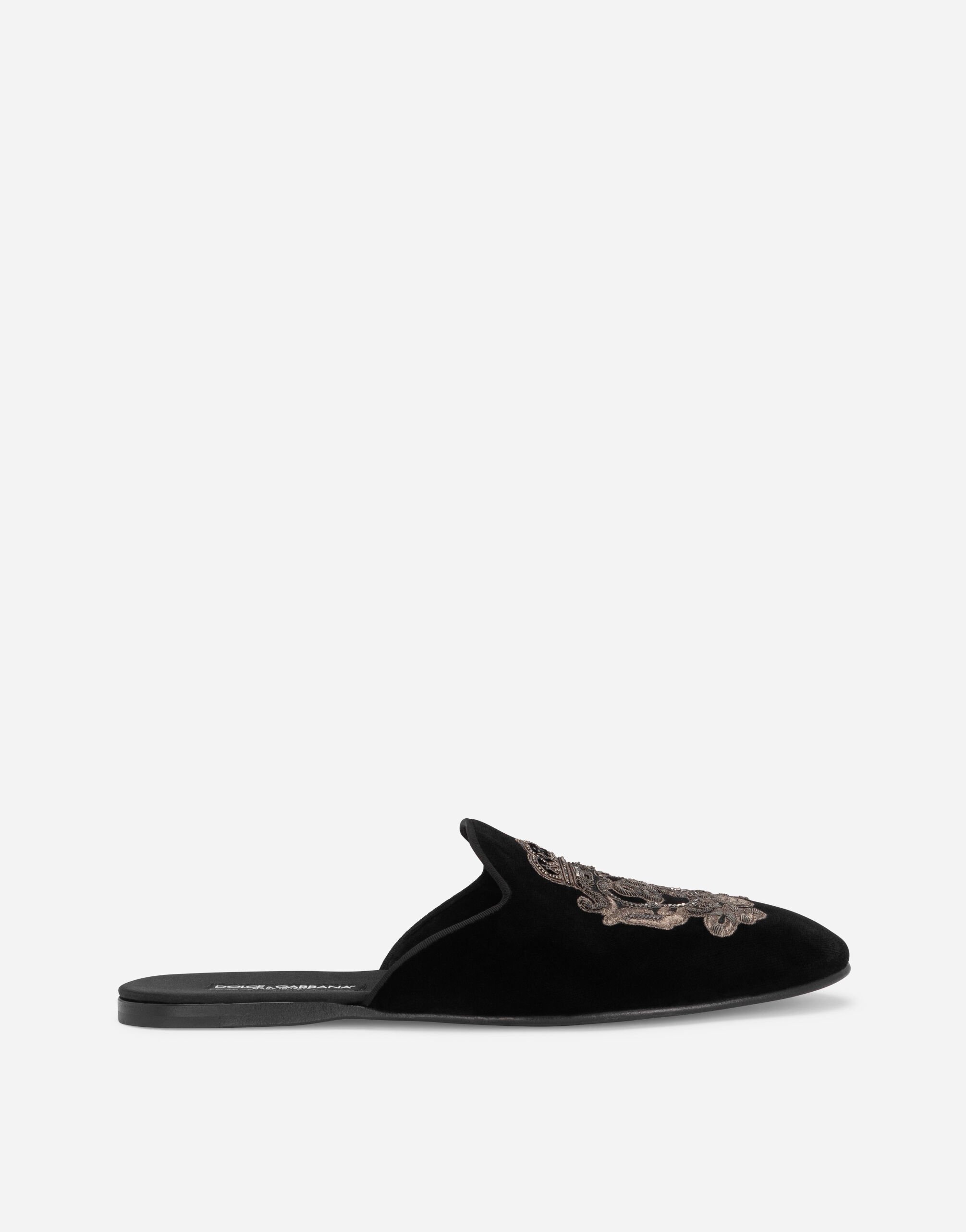 Dolce & Gabbana 纹章刺绣天鹅绒便鞋 黑 A10703A1203