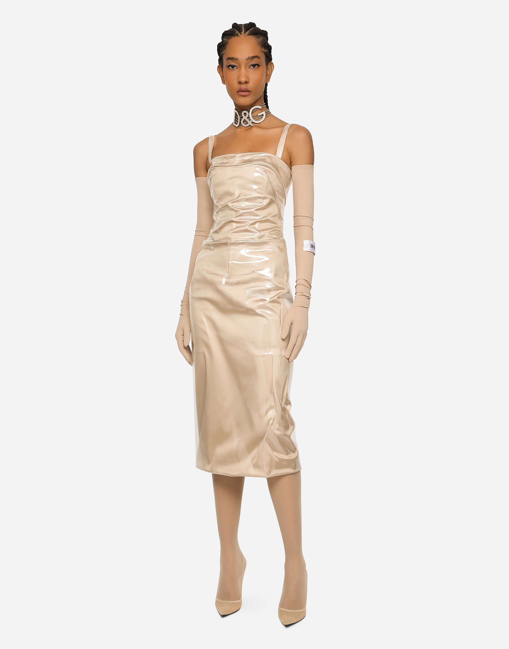 KIM DOLCE GABBANA Long satin and PVC calf length dress in Beige