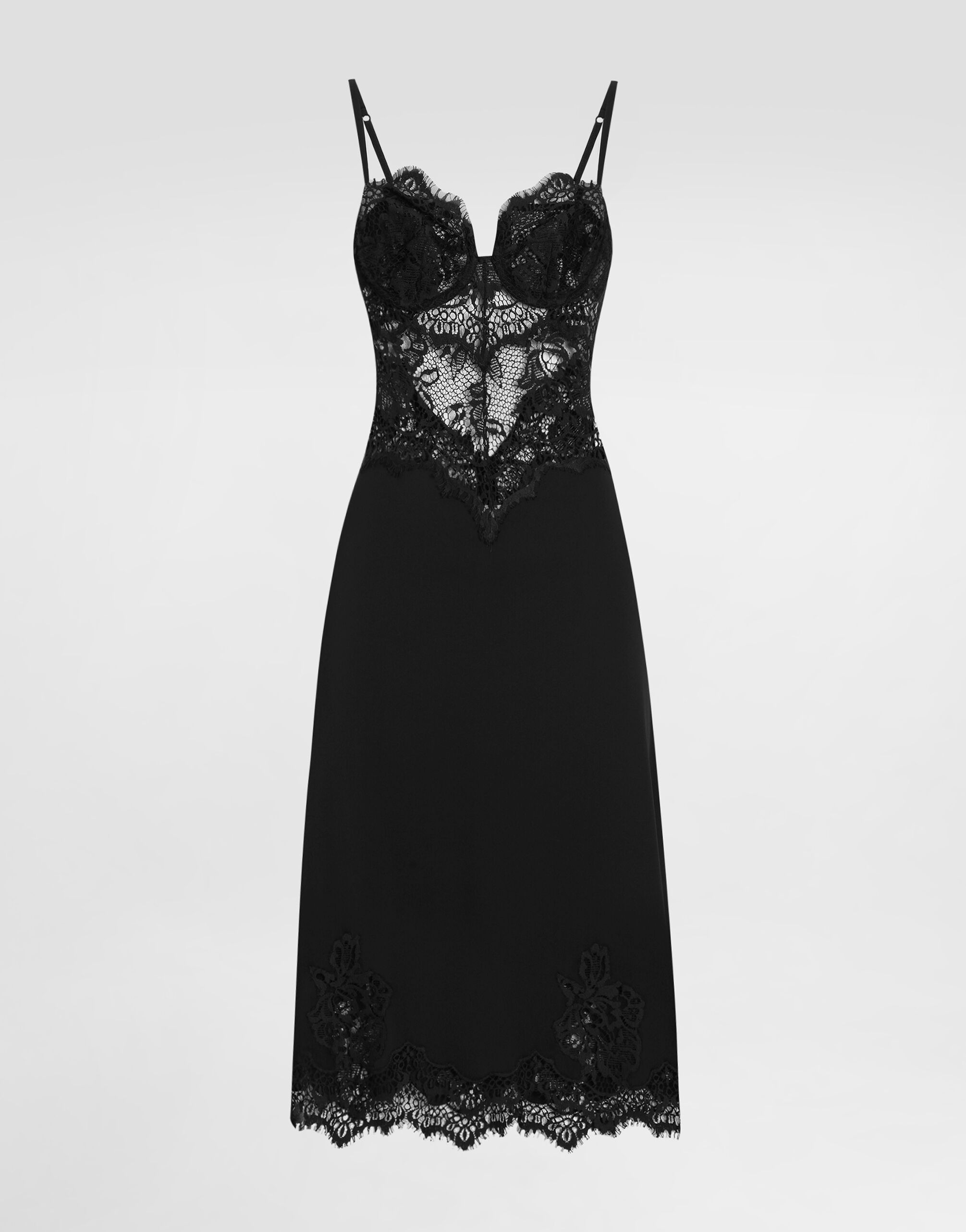 Lace and charmeuse calf-length slip dress in Black for Women