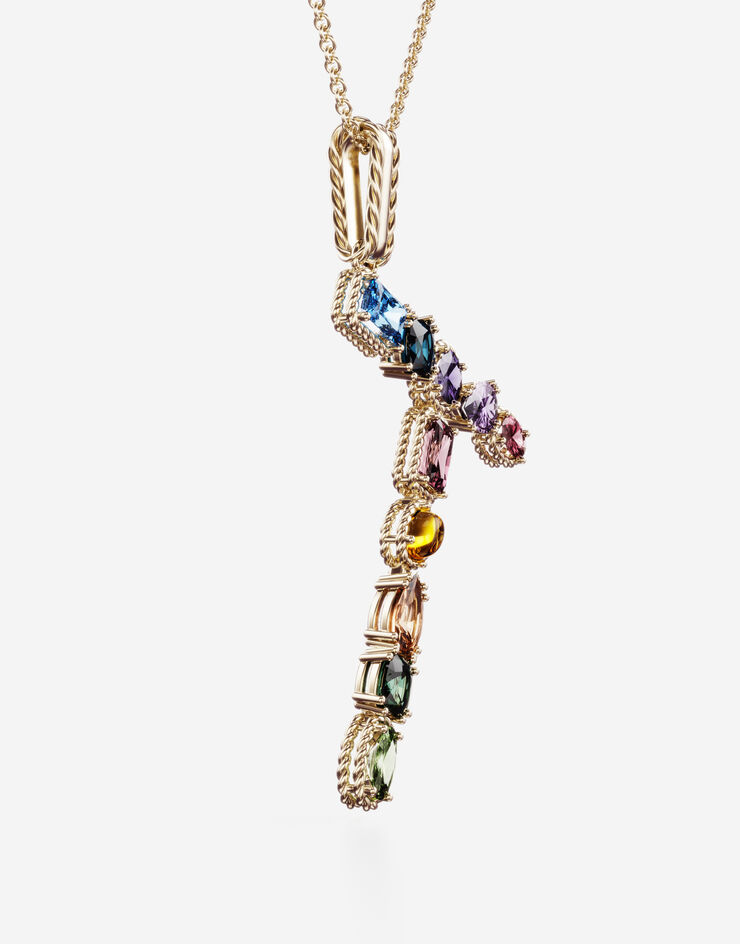 Dolce & Gabbana Rainbow alphabet T pendant in yellow gold with multicolor fine gems Gold WAMR2GWMIXT
