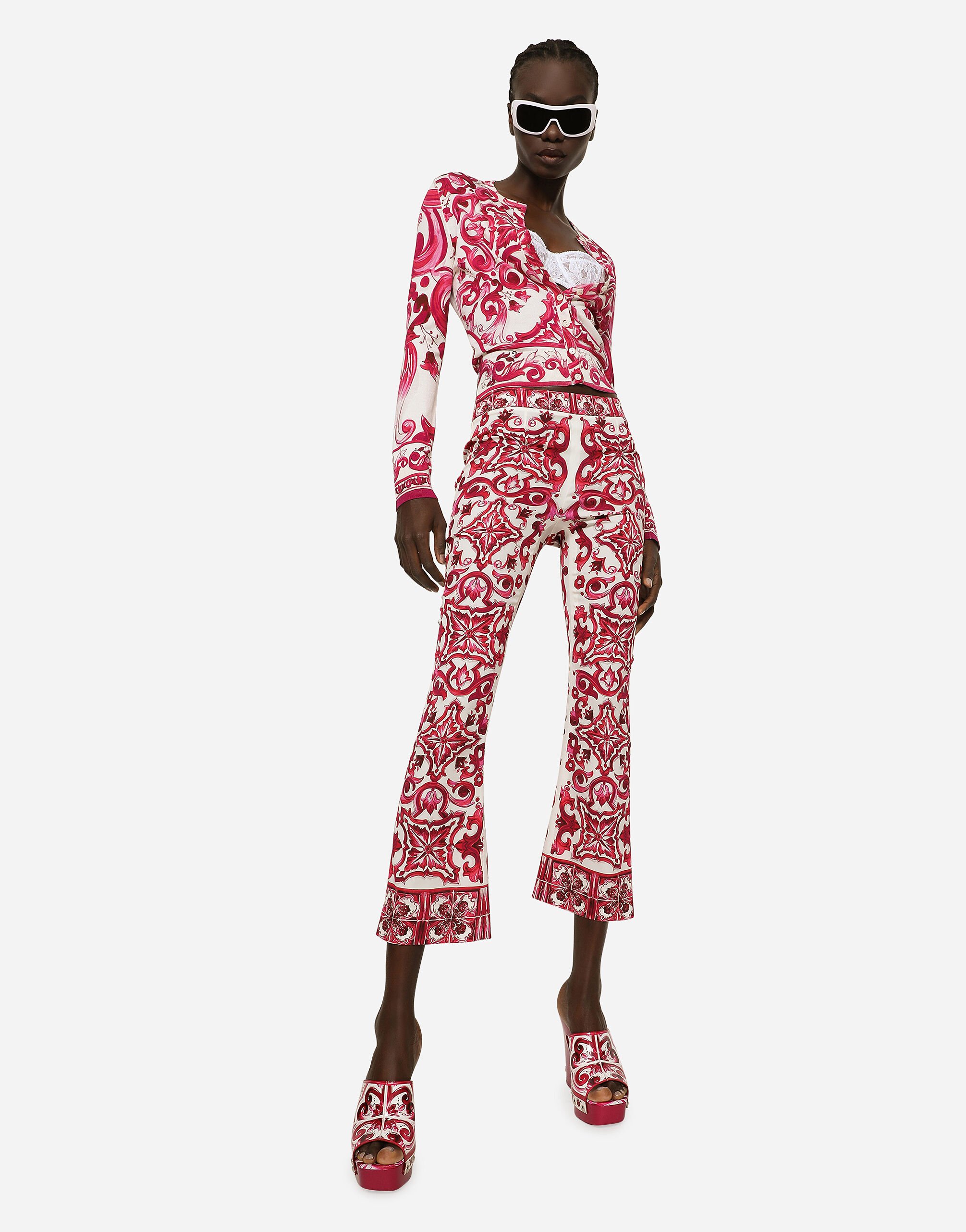Flared trumpet leg charmeuse pants with Majolica print in