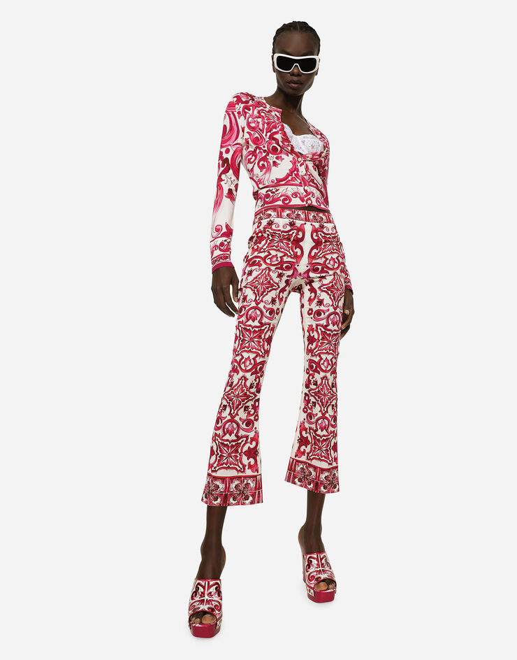Dolce&Gabbana Flared trumpet-leg charmeuse pants with Majolica print Multicolor FTAG7THPABP