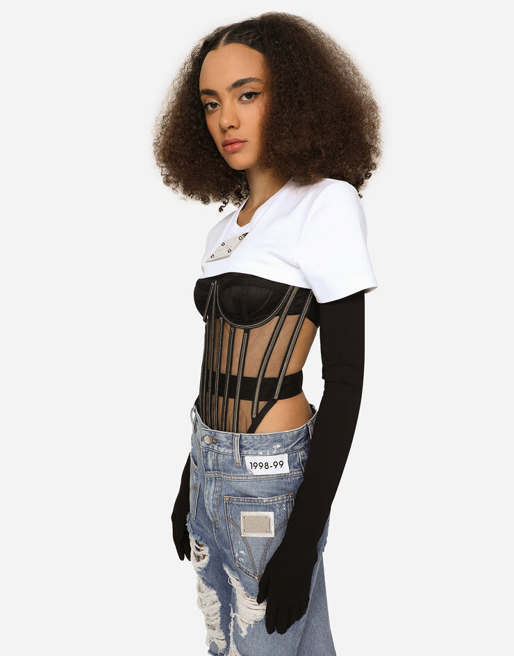 Dolce & Gabbana KIM DOLCE&GABBANA T-shirt cropped in jersey con placca “KIM Dolce&Gabbana” Bianco F8T99THU7H8
