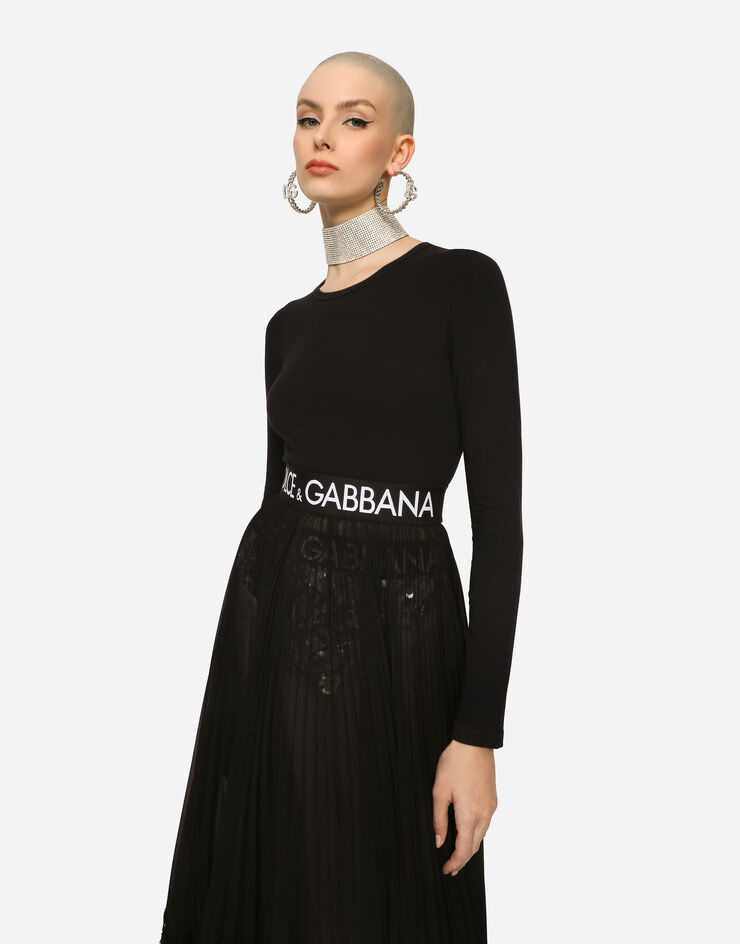 Dolce & Gabbana Kurzes Langarm-T-Shirt aus Jersey mit Logo-Gummiband Schwarz F8N51TFUEEY