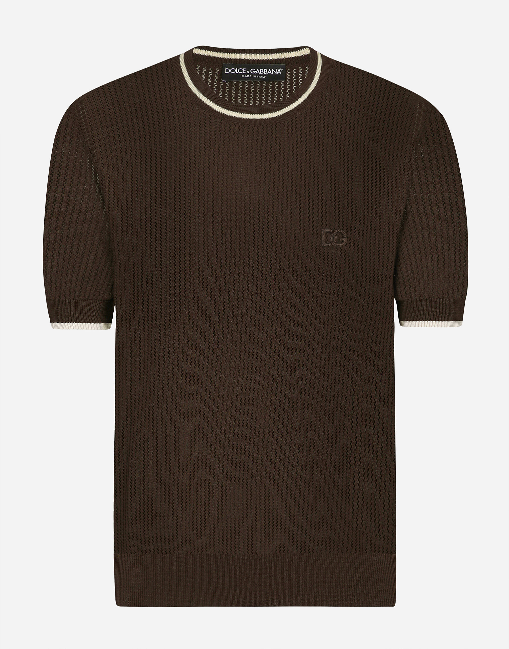 Round neck cotton sweater with DG logo in Brown for Men Dolce Gabbana