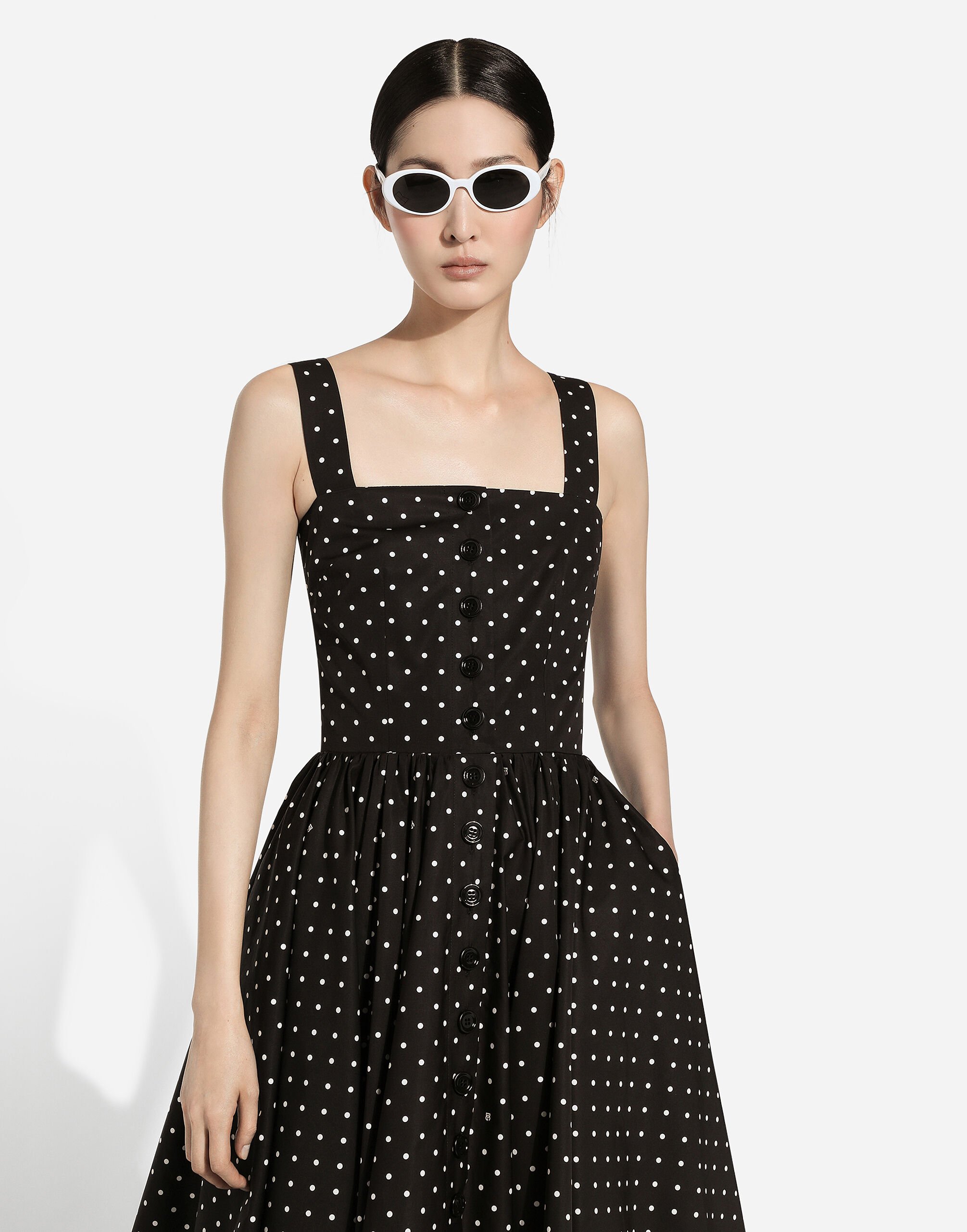Calf length cotton dress with polka dot print in Print for Women Dolce Gabbana
