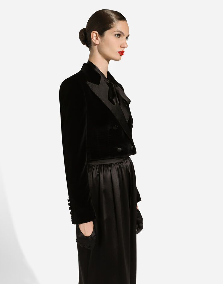 Dolce & Gabbana Chaqueta tipo esmoquin corta de botonadura doble de terciopelo Negro F291WTFUVG7