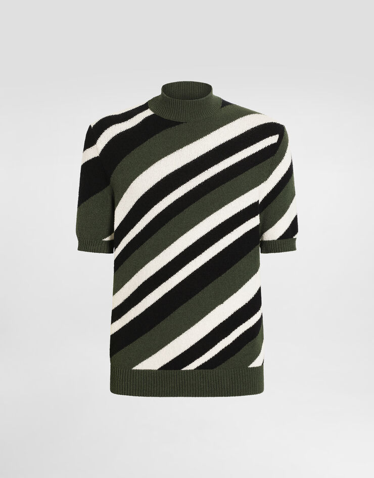 Dolce & Gabbana Jersey de algodón de manga corta con cuello alto e intarsia a rayas Verde GXW54TJFMMS