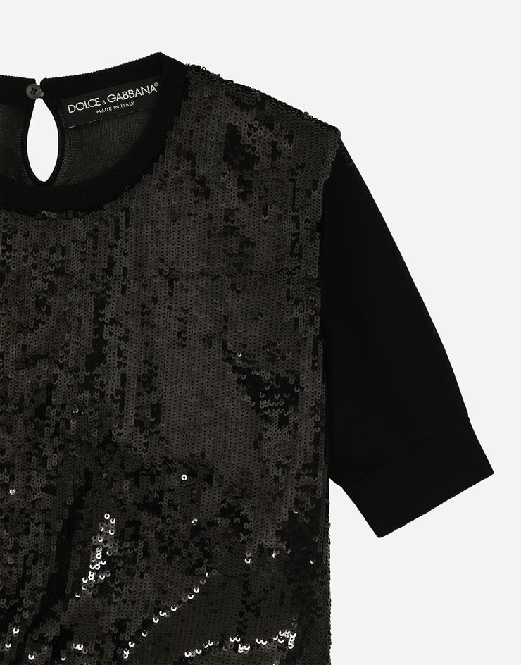 Dolce & Gabbana Pull à manches courtes avec paillettes brodées Noir FXX01TJAIQ0