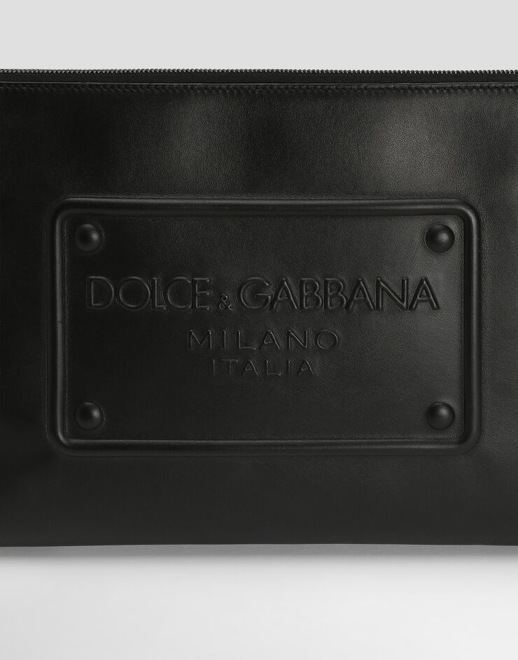 Dolce & Gabbana Cartera de mano grande en piel de becerro con logotipo en relieve Noir BM2276AG218
