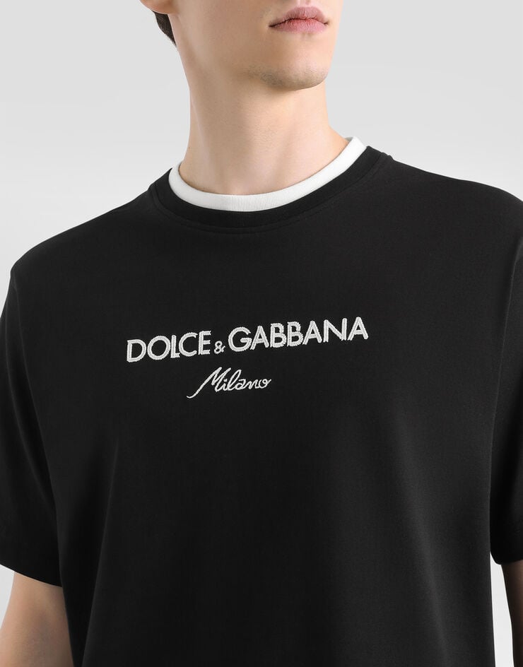 Dolce & Gabbana T-Shirt aus Baumwolle mit Stickerei Schwarz G8ST6ZG7PCG