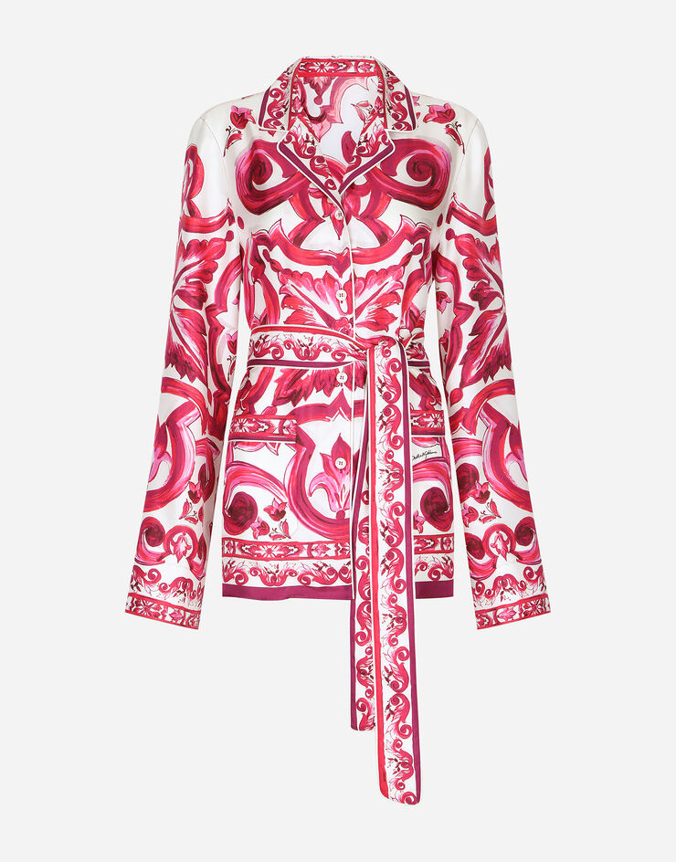 Dolce&Gabbana Camisa tipo pijama de sarga con estampado Maiolica Multicolor F5N53THI1BB