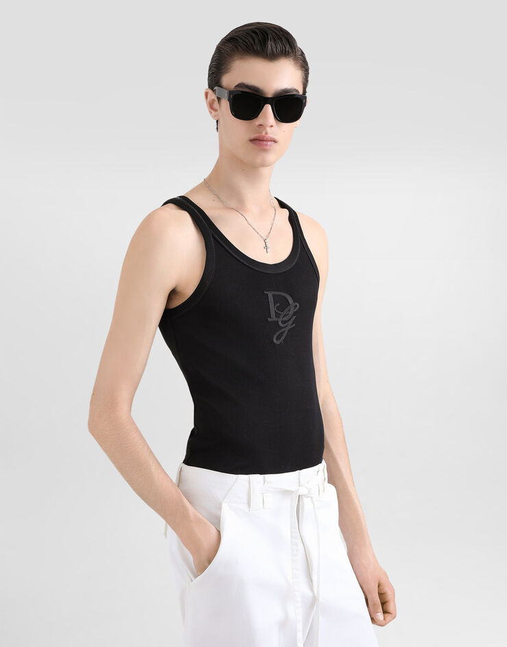 Dolce & Gabbana DGパッチスリムフィット ファインリブ タンクトップ ブラック G8PA8ZG7N4G