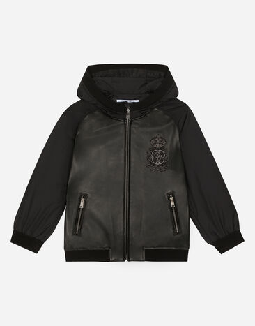 Dolce & Gabbana Hooded bomber jacket in leather and nylon with logo patch Black L42B03G7VYF