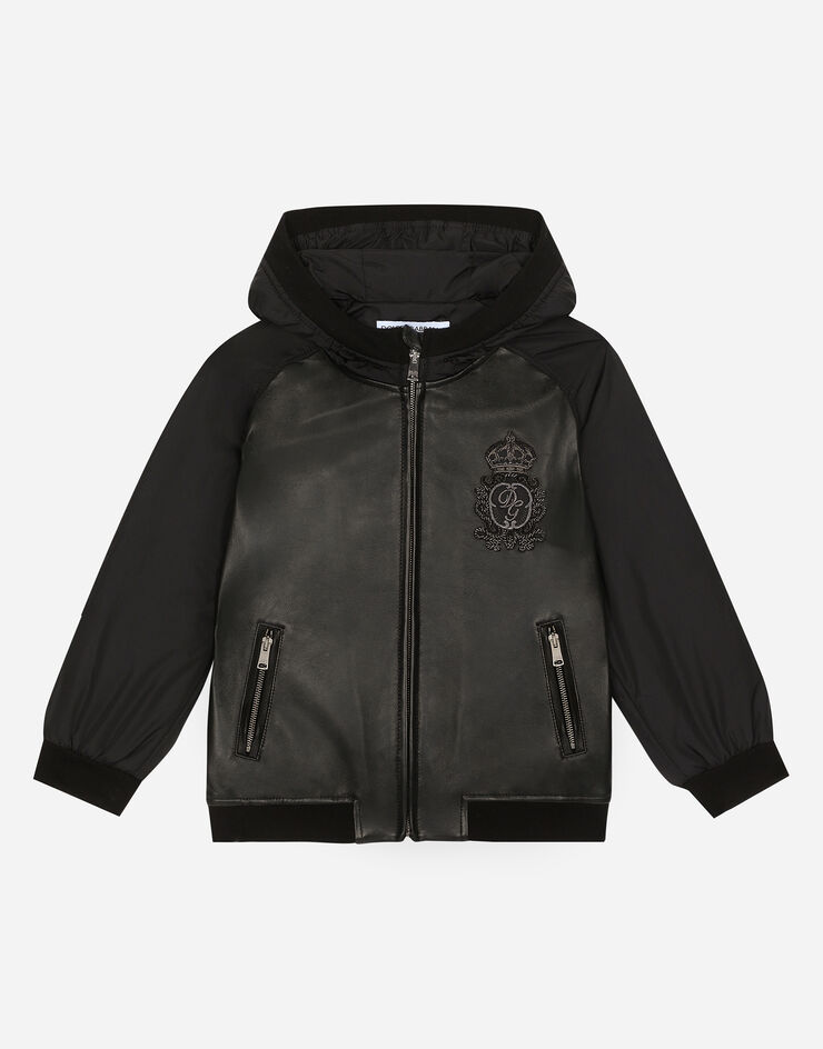 Dolce & Gabbana ボンバージャケット フード レザー＆ナイロン ロゴパッチ ブラック L42B03G7VYF
