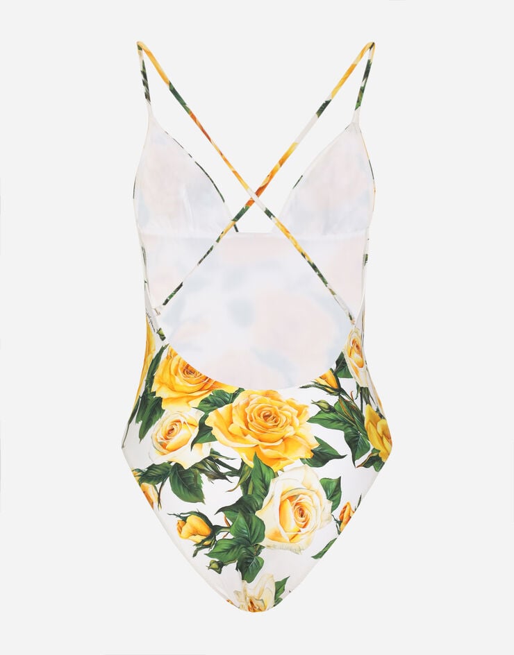 Dolce & Gabbana One-piece swimsuit with plunging neckline and yellow rose print Print O9B40JFSG1S