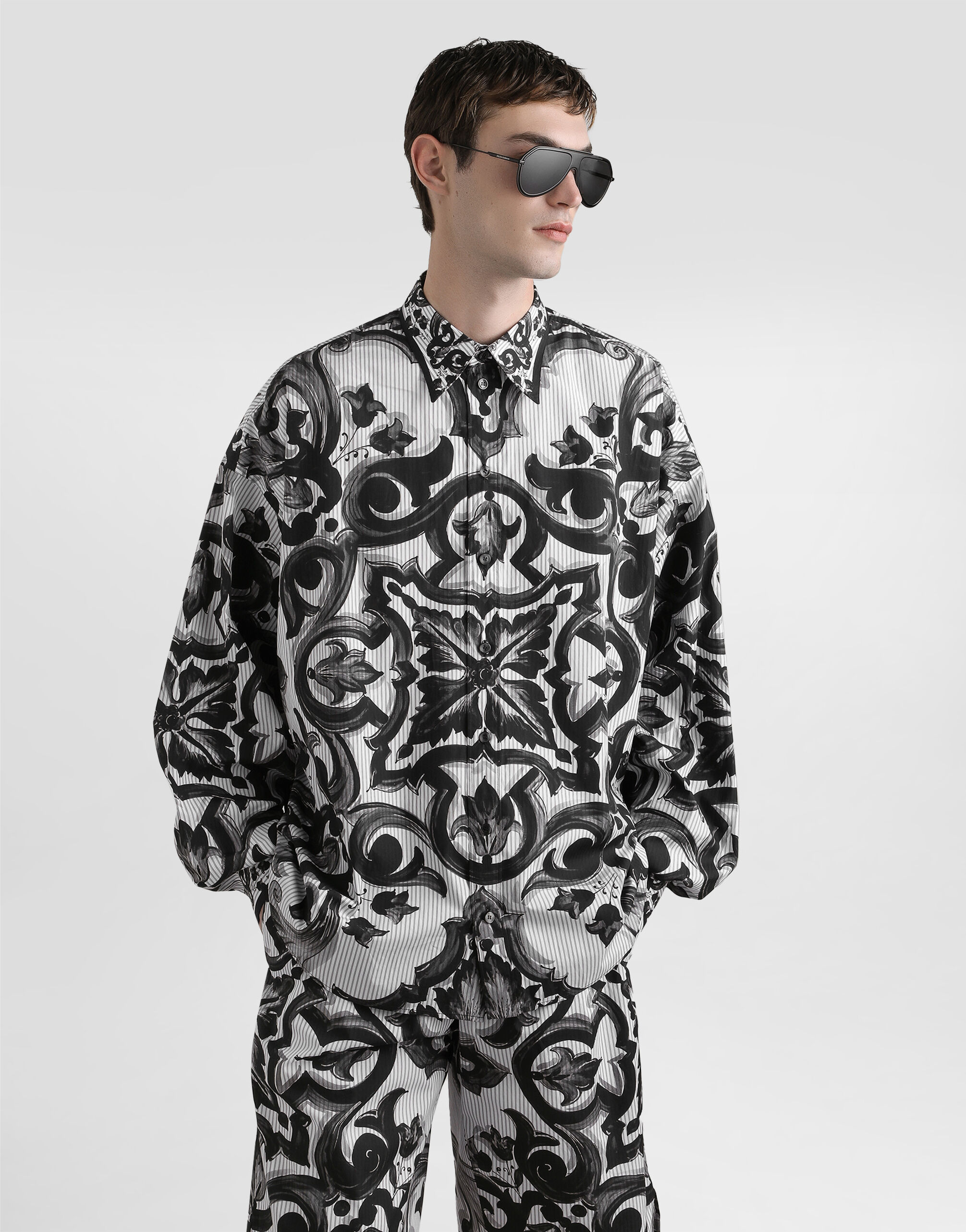Majolica-print oversized striped popeline shirt in Multicolor for