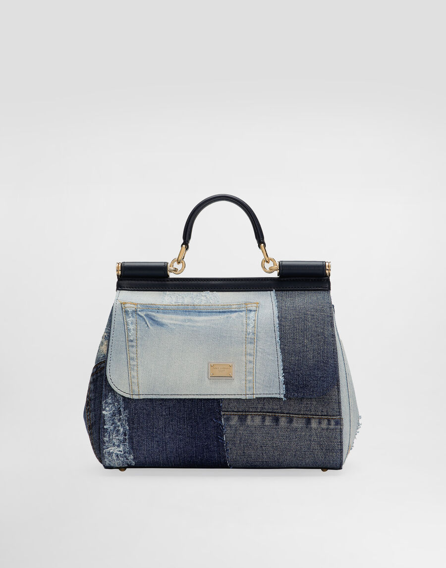 Large Sicily handbag in denim and calfskin