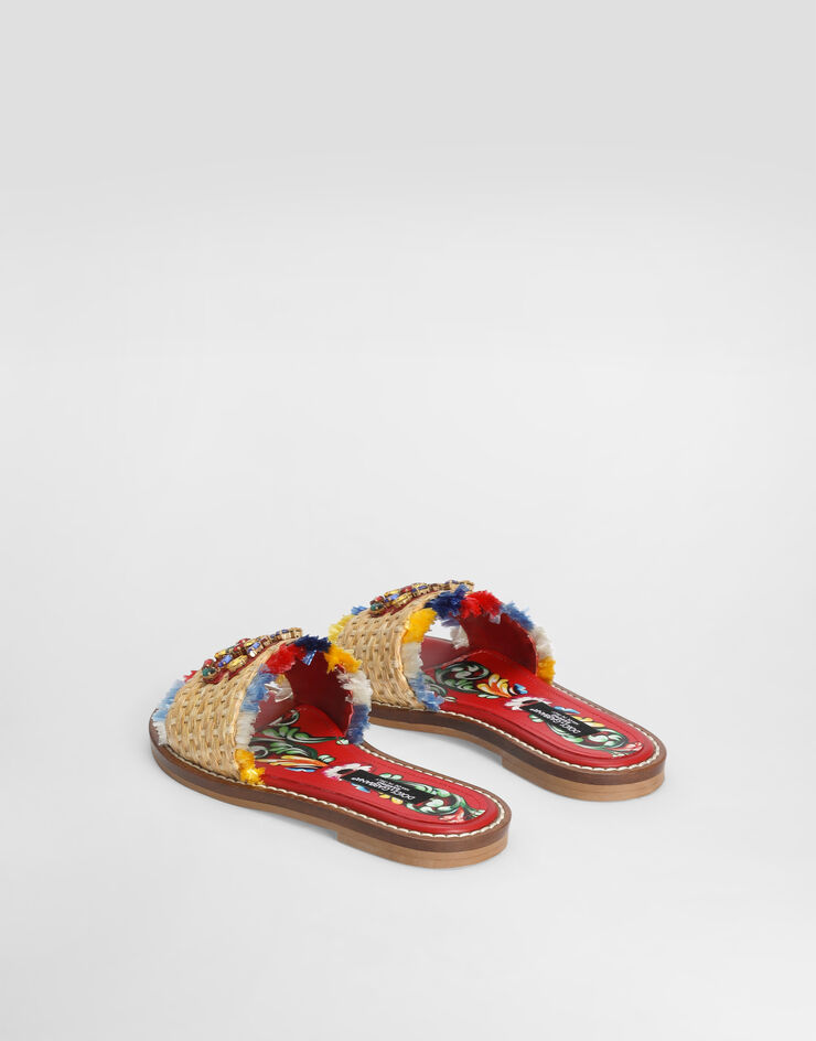 Dolce & Gabbana Flat straw slide sandals with fringes Multicolor D11417A0559