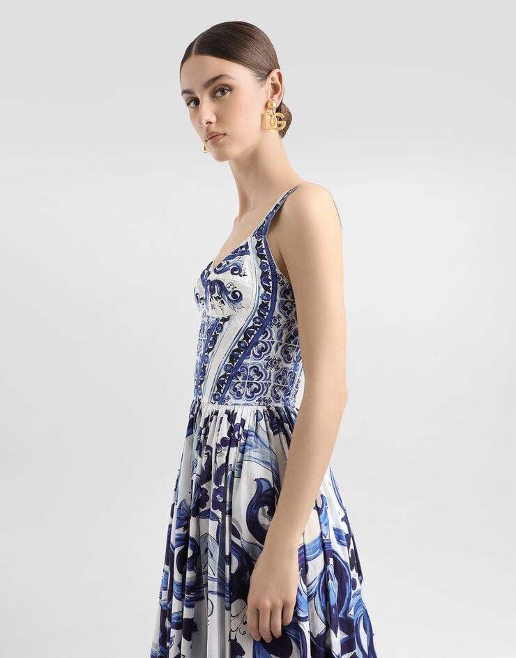 Dolce & Gabbana Calf-length bustier dress in majolica-print poplin Multicolor F6AEITHH5A1