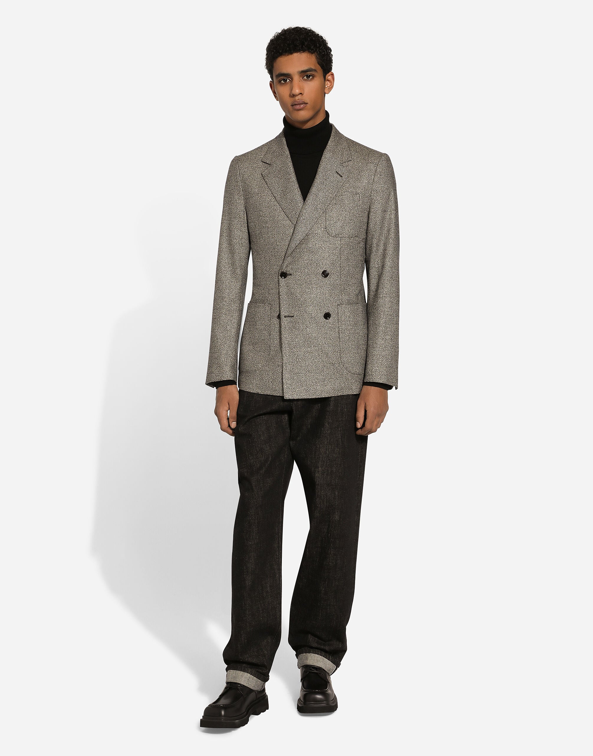 Double-breasted Portofino-fit stretch flannel jacket in Grey for
