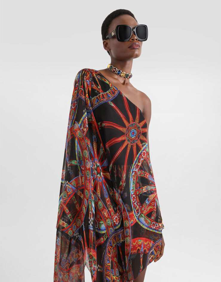 Dolce & Gabbana One-shoulder carretto-print chiffon dress Multicolor F615RTIS13V
