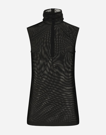 Dolce & Gabbana Tulle turtle-neck top with DG logo Black F72X4TFLMSC
