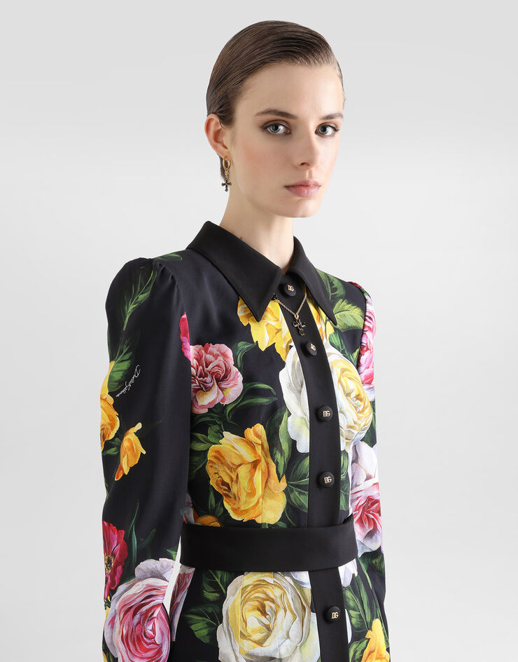 Dolce & Gabbana Calf-length cady shirt dress with peony and rose print Print F6TLDTFSRPH
