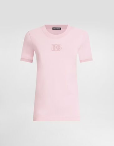 Dolce & Gabbana Jersey T-shirt with raised DG logo embroidery Pink F8N08ZGDCX1
