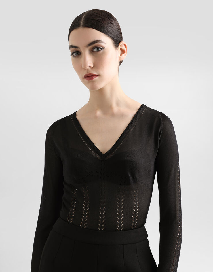Dolce & Gabbana Pullover V-Ausschnitt aus Seide Schwarz FXY18TJBSLL
