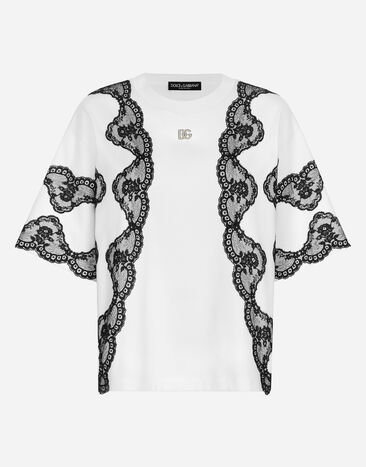 Dolce & Gabbana Jersey T-shirt with DG logo and lace inserts Light Blue BB7652A1037