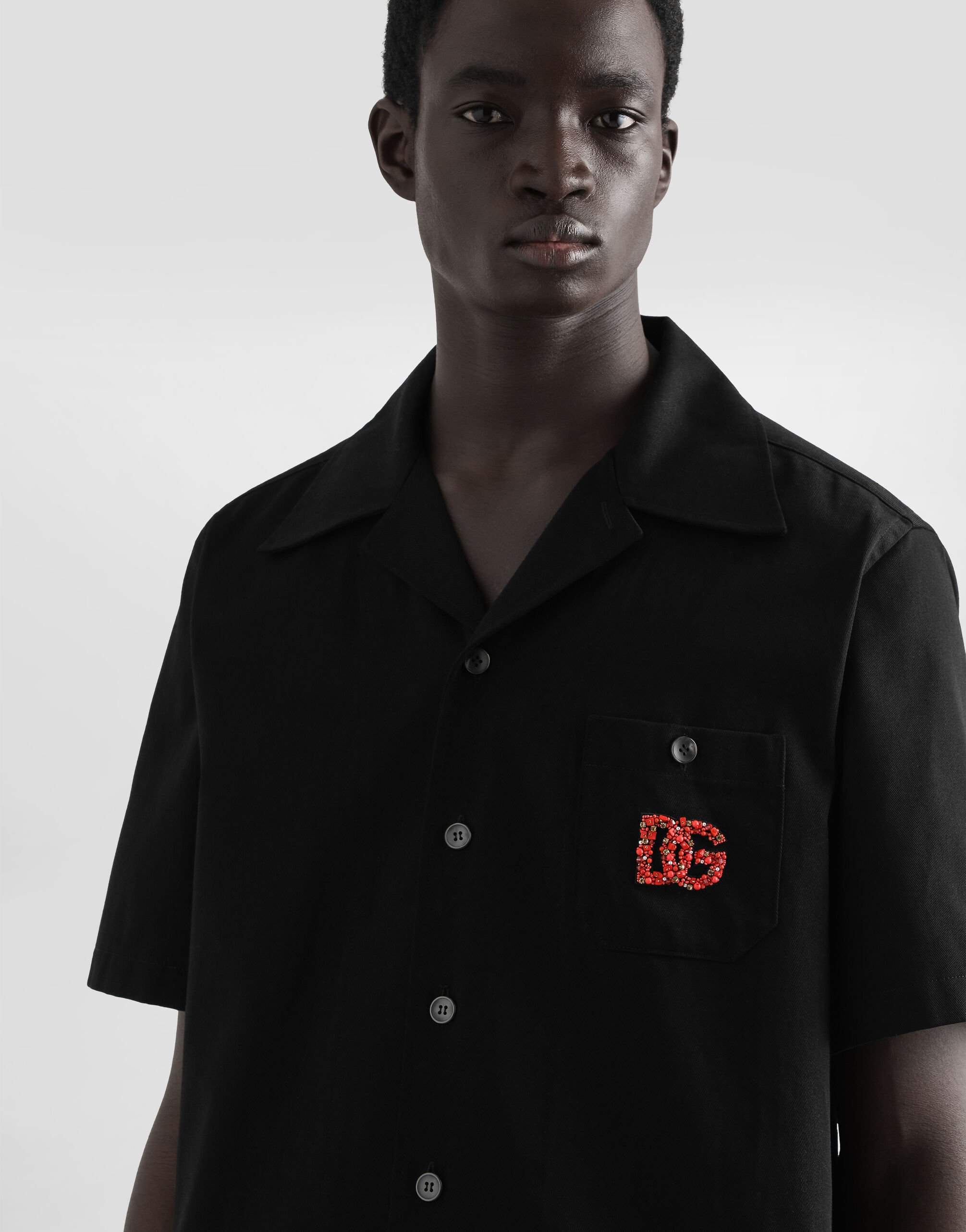 【DOLCE&GABBANA】DGロゴ ジャカード アロハシャツ 半袖 Black Hawaiian shirt with DG logo embroidery in Black for Men