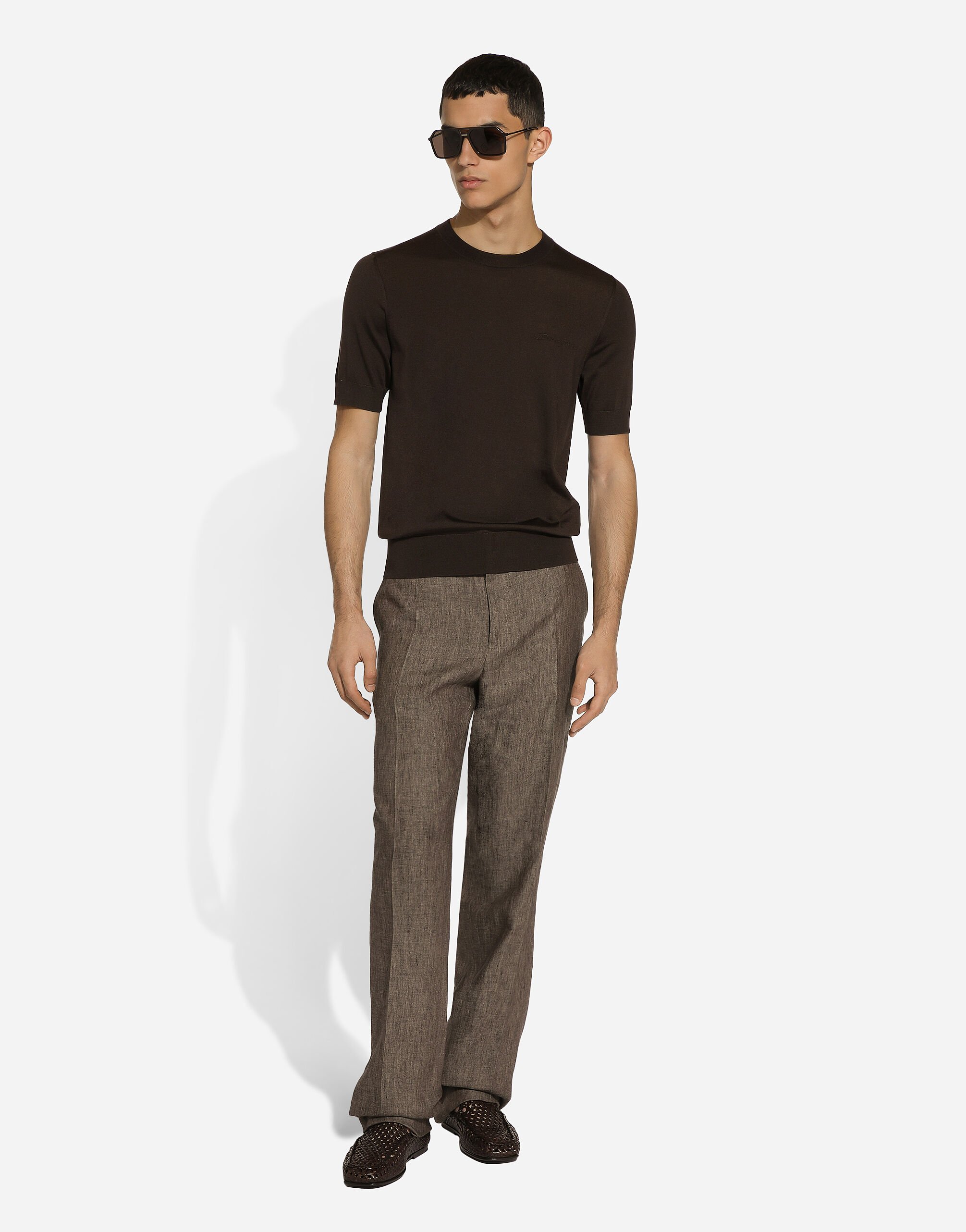Round-neck silk sweater with Dolce&Gabbana logo in Brown for