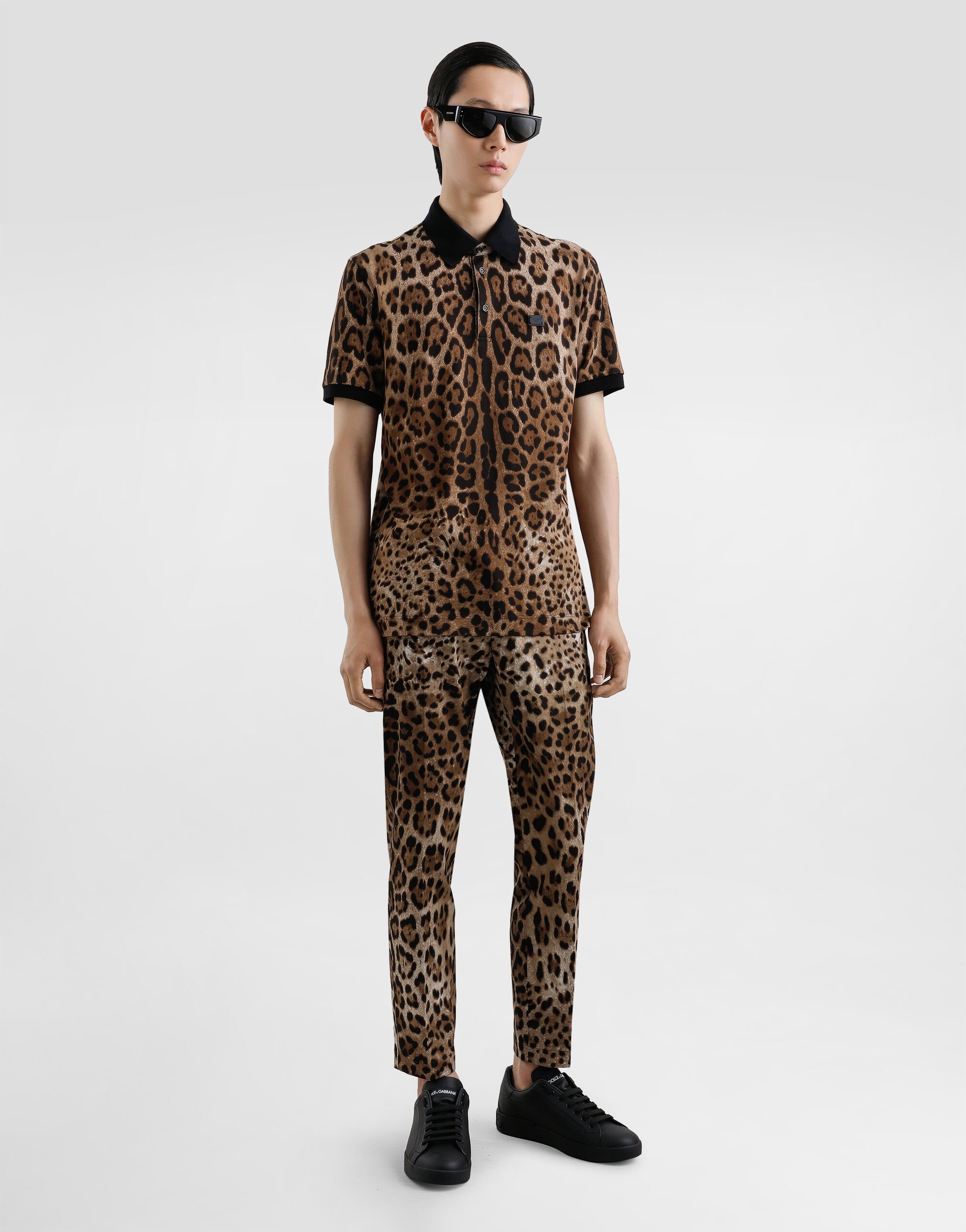 Cotton polo-shirt with leopard print in Print for Men