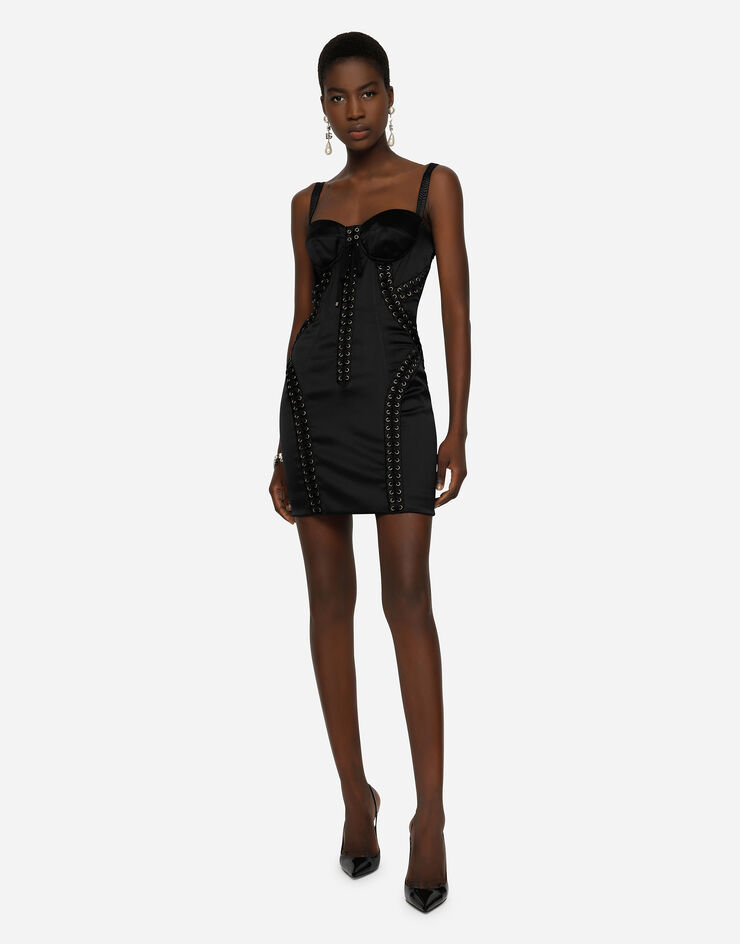 Dolce & Gabbana Short satin dress with laces and eyelets Negro F6ZI4TFURHM