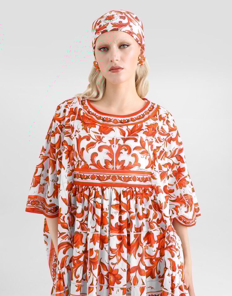 Dolce & Gabbana Long kaftan dress in majolica-print cotton Multicolor F614OTGDDRK