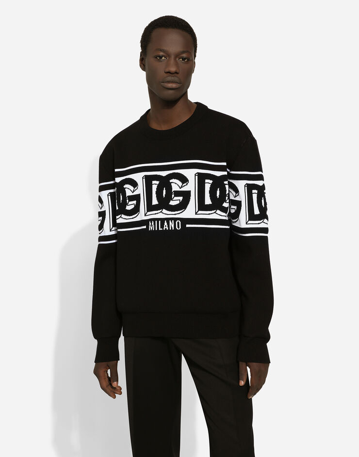 Wool jacquard round-neck sweater with DG logo in Black for | Dolce ...