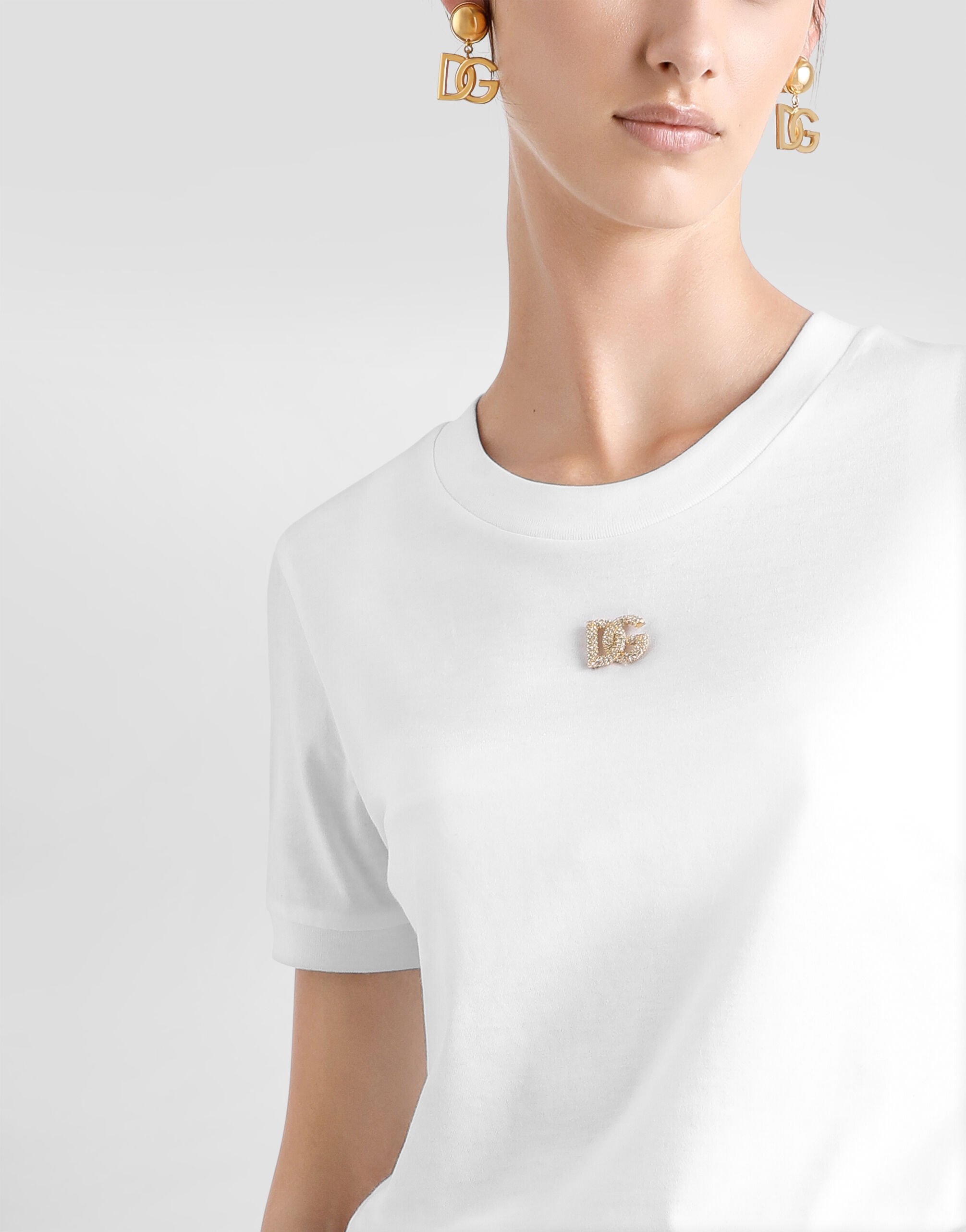 激安ショップ 食品 with T-shirt Jersey metal Women for White in logo pin DG トップス